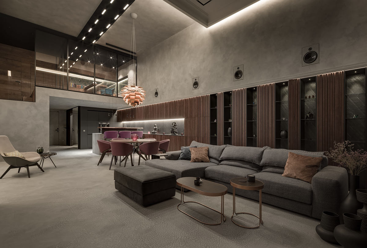 Polished microcement floor Los Angeles — seamless grey living room and hallway by LA Microcement